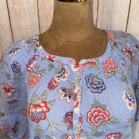 LOFT Blue Floral Blouse, lightweight, eyelet detail, elastic sleeve, women’s XL - Picture 2 of 10